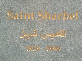 Saint Sharbel written in gold in English and arabic