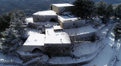 Arial view of the Hermitage of Saints Peter and Paul in Annaya, Lebanon, covered with snow, where Saint Sharbel lived for 23 years.